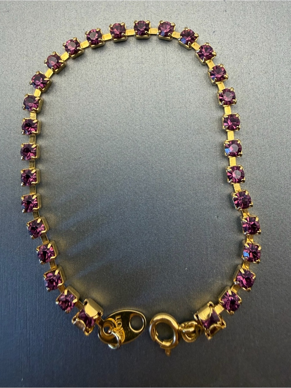 Avon Amethyst Rhinestone Tennis Bracelet Gold Tone Petite 6” Signed Vintage 1992